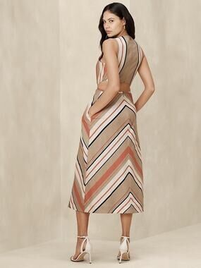 Banana Republic Women's Linen Blend Cut-Out Multi Color Stripe Midi Dress, Sz 10